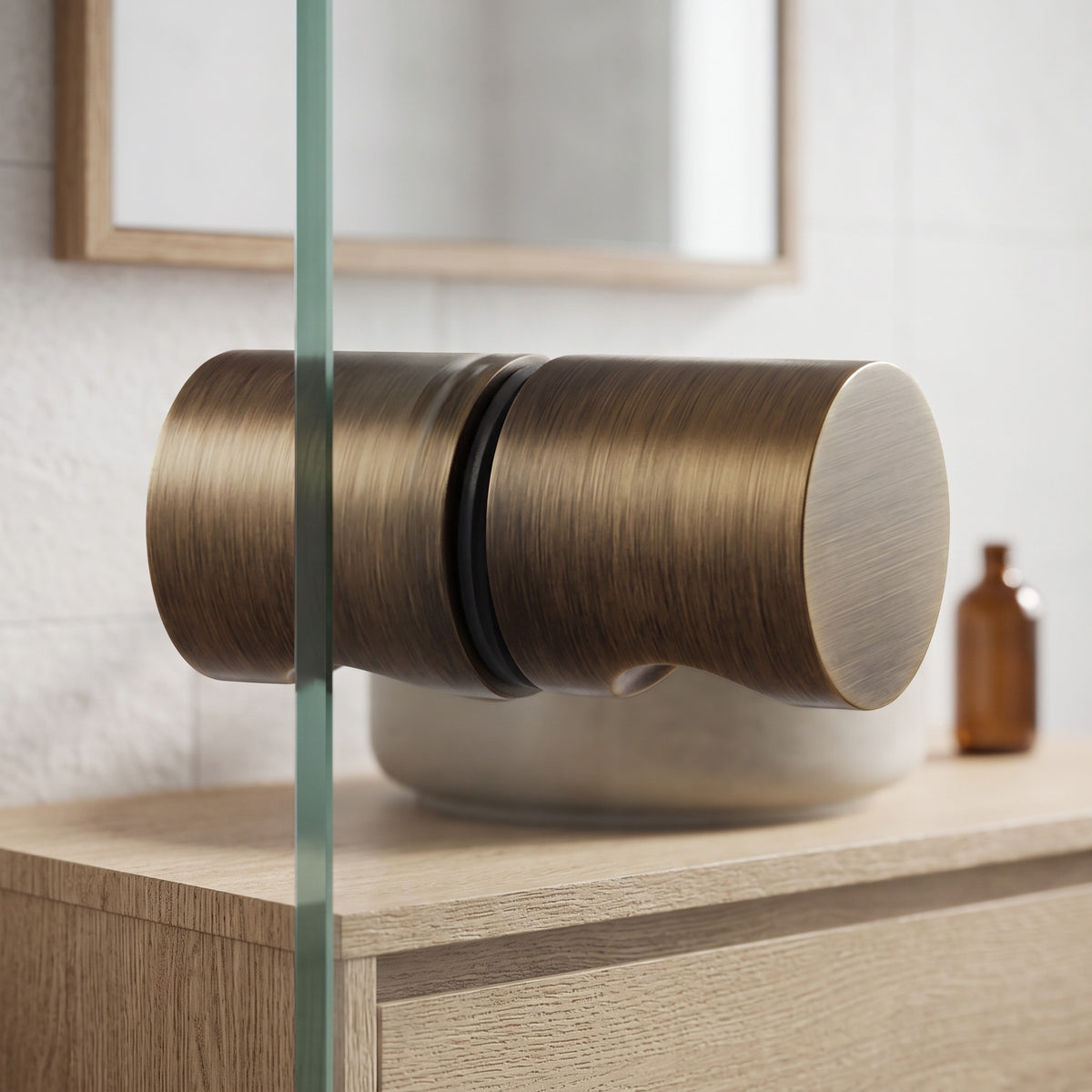 Close-up of the Corfu Shower Door Handle in Antique Brass