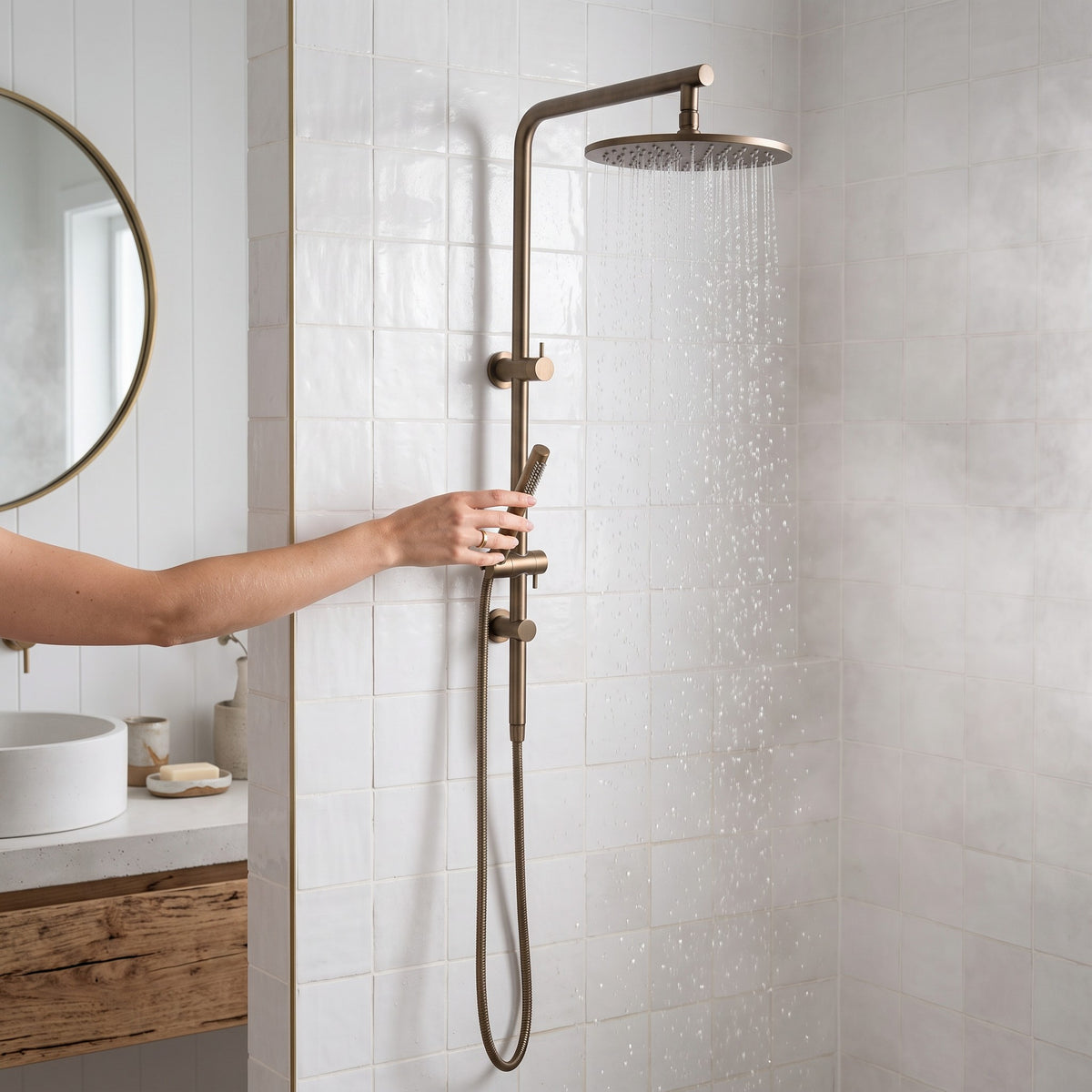 Corsica Dual Shower Head in Antique Brass in use in a shower