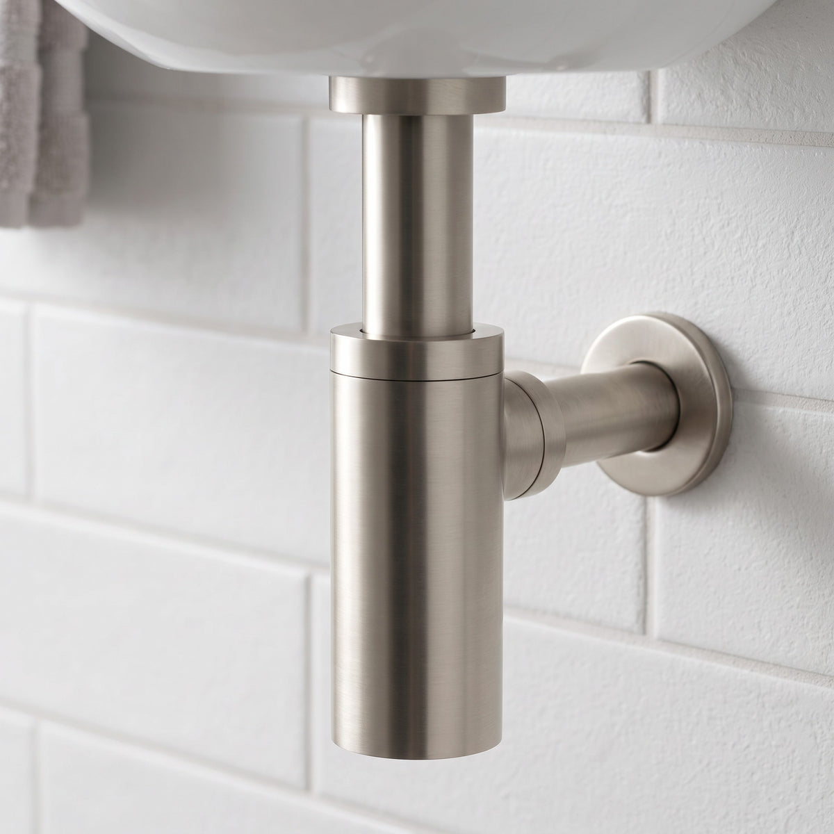 Close-up of the Firenze Basin Bottle Trap in Brushed Nickel