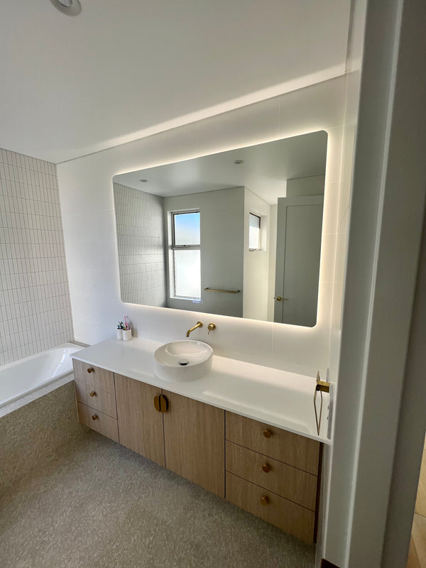 Entrance View of Smart LED Mirror: Lighting White & Light Brown Themed Powder Room