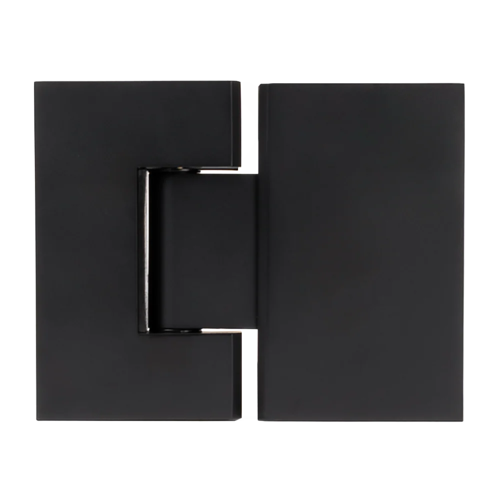 Geneva Shower Hinge Glass to Glass in Matte Black, cut-out front view of both hinge leaves on a plain background