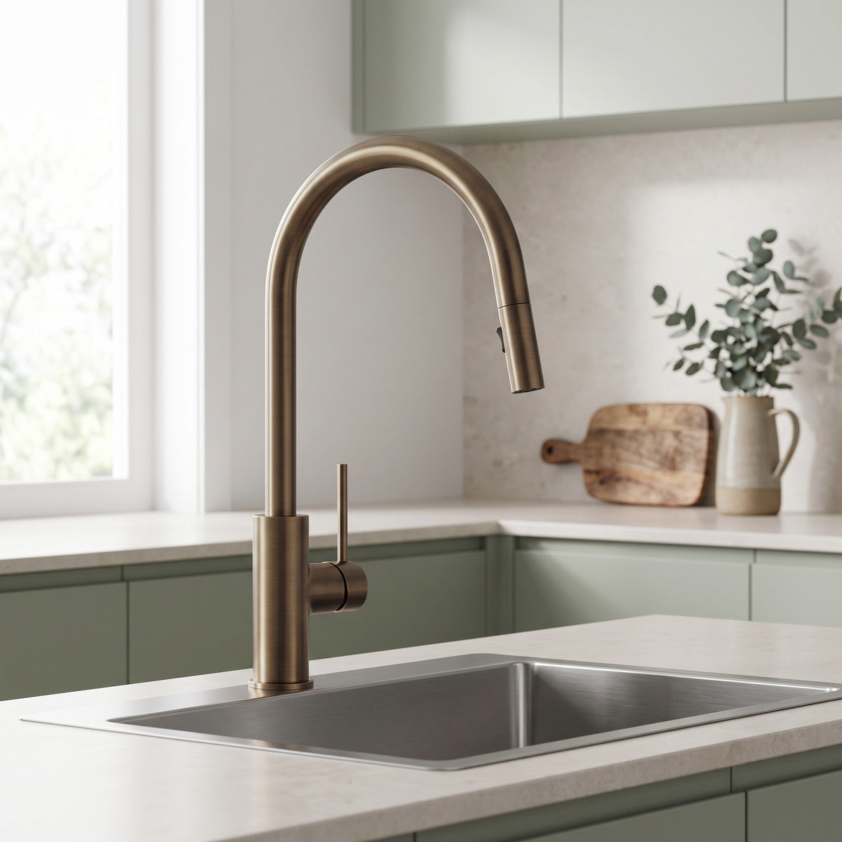 Porto Pull-Out Kitchen Mixer in Antique Brass in a kitchen