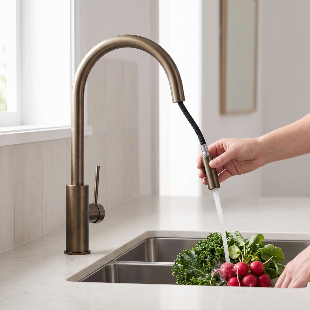 Porto Pull-Out Kitchen Mixer in Antique Brass in use in a kitchen