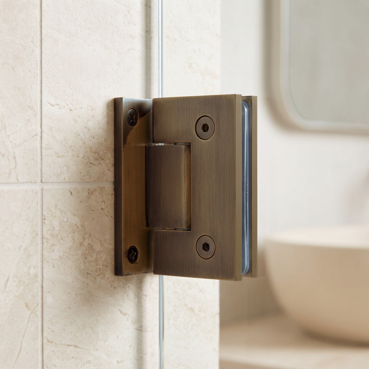 Close-up of the Rennes Shower Hinge Glass to Wall in Antique Brass