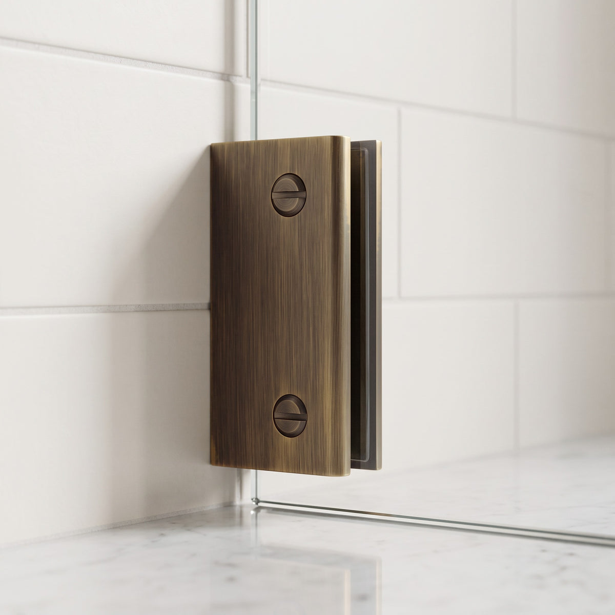 Rhodes Shower Glass Clamp in Antique Brass in a shower