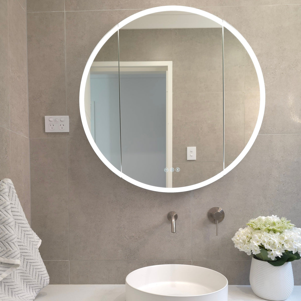 frameless round LED bathroom mirror cabinet by Invogue