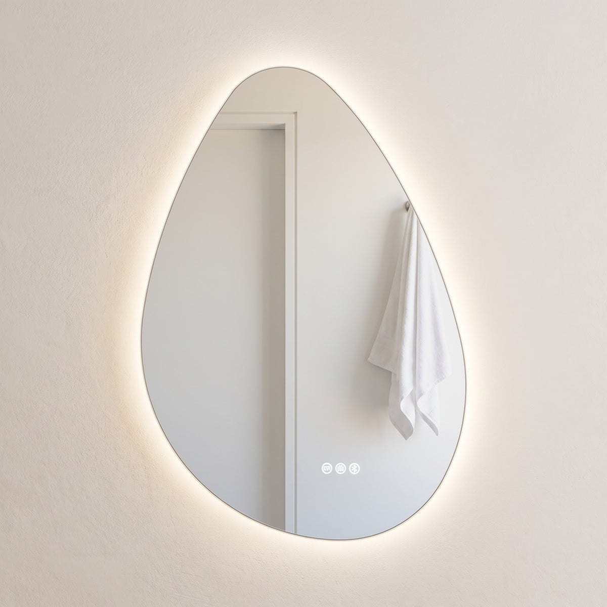 The Sorrento frameless backlit LED mirror, 550 x 800mm portrait, straight-on with a warm LED halo and touch controls