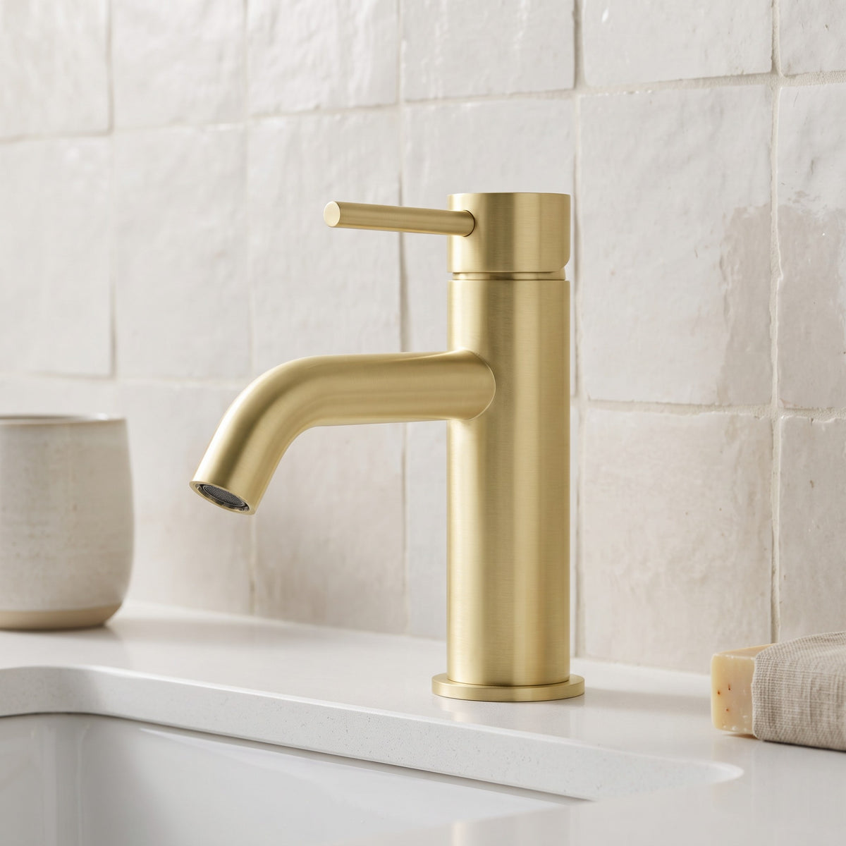 Close-up of the Vienna Short Basin Mixer in Brushed Brass
