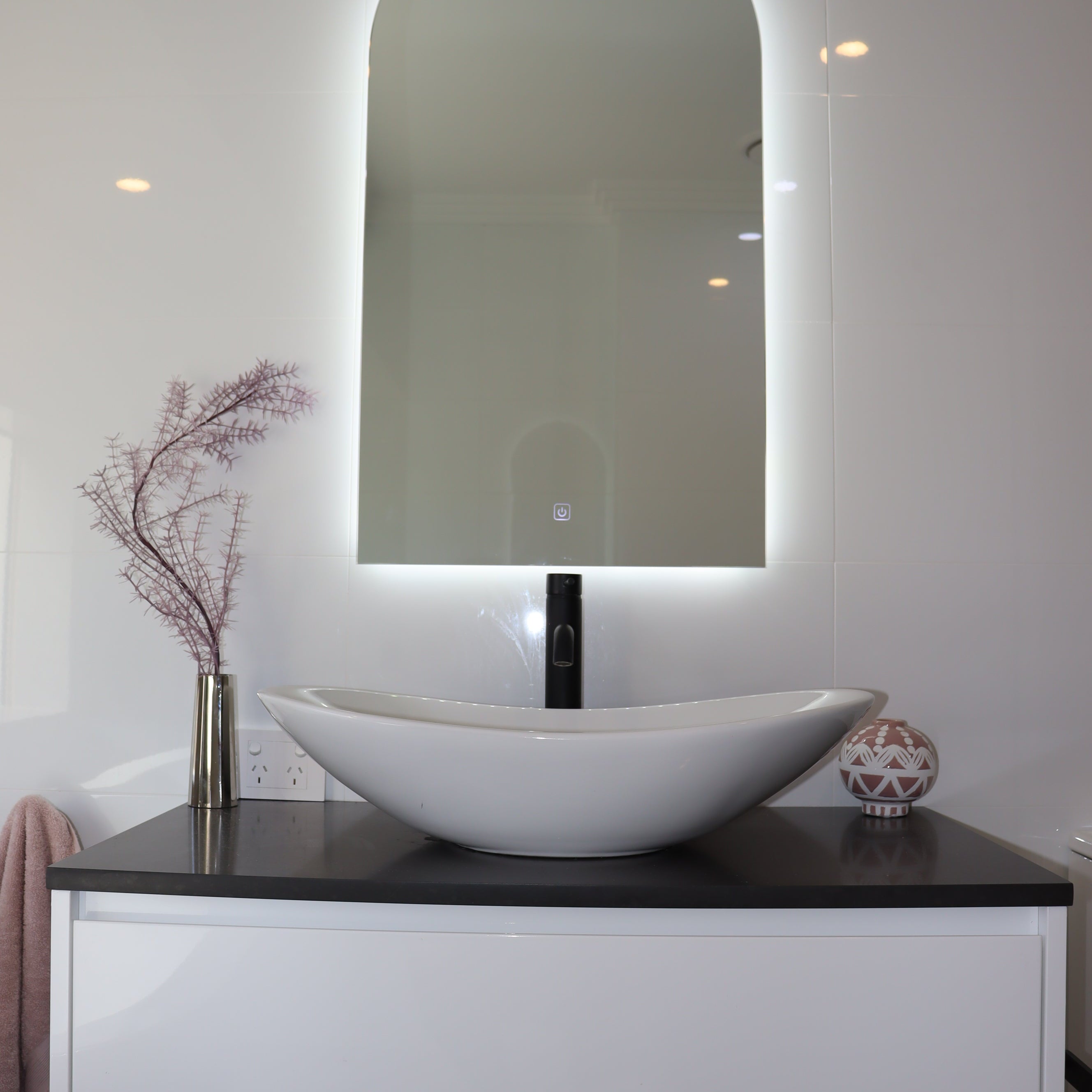 InVogue Arch-shaped Backlit LED Mirror in White Bathroom Vanity with Black Accents