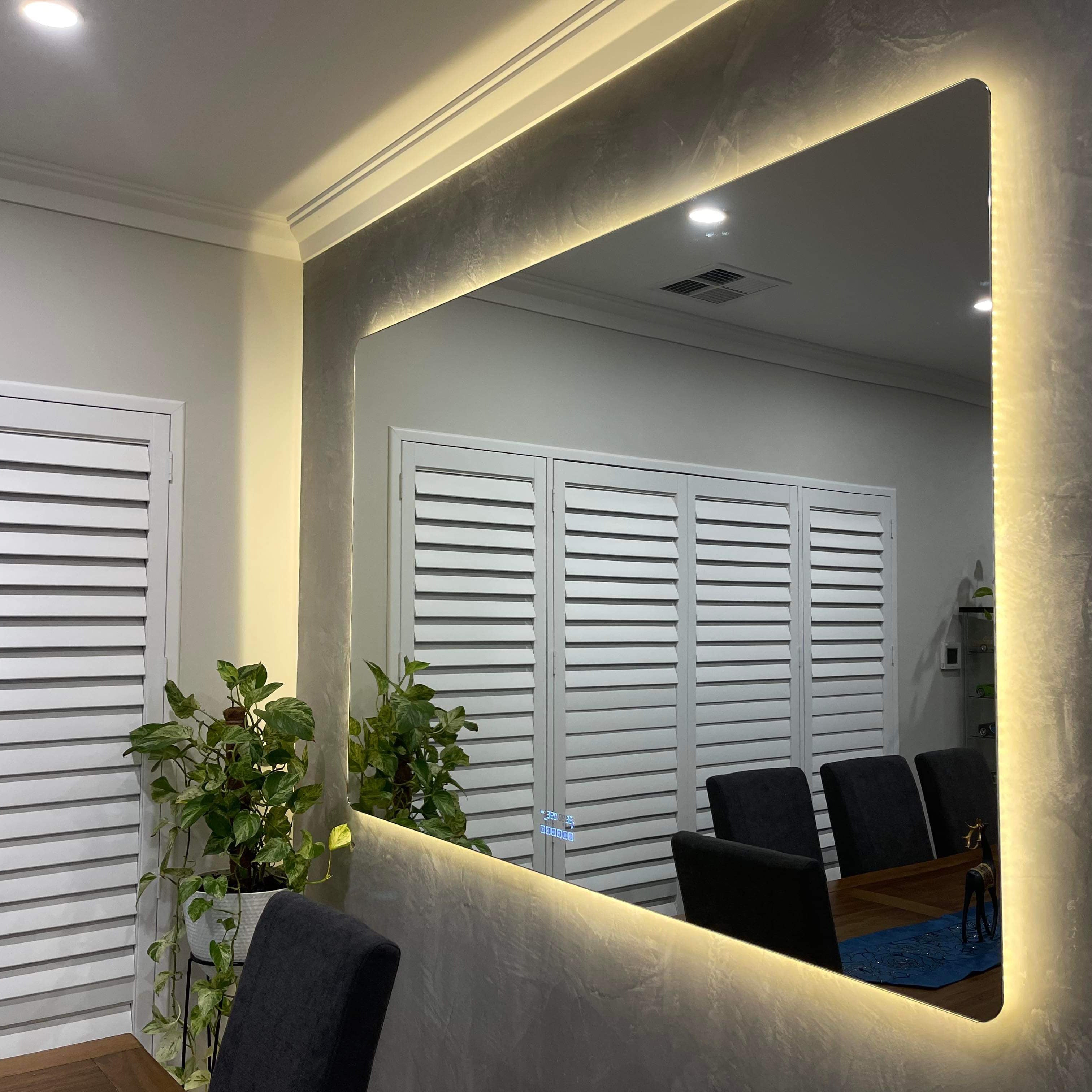 Large Smart LED Mirror in Grey and White Dining Room