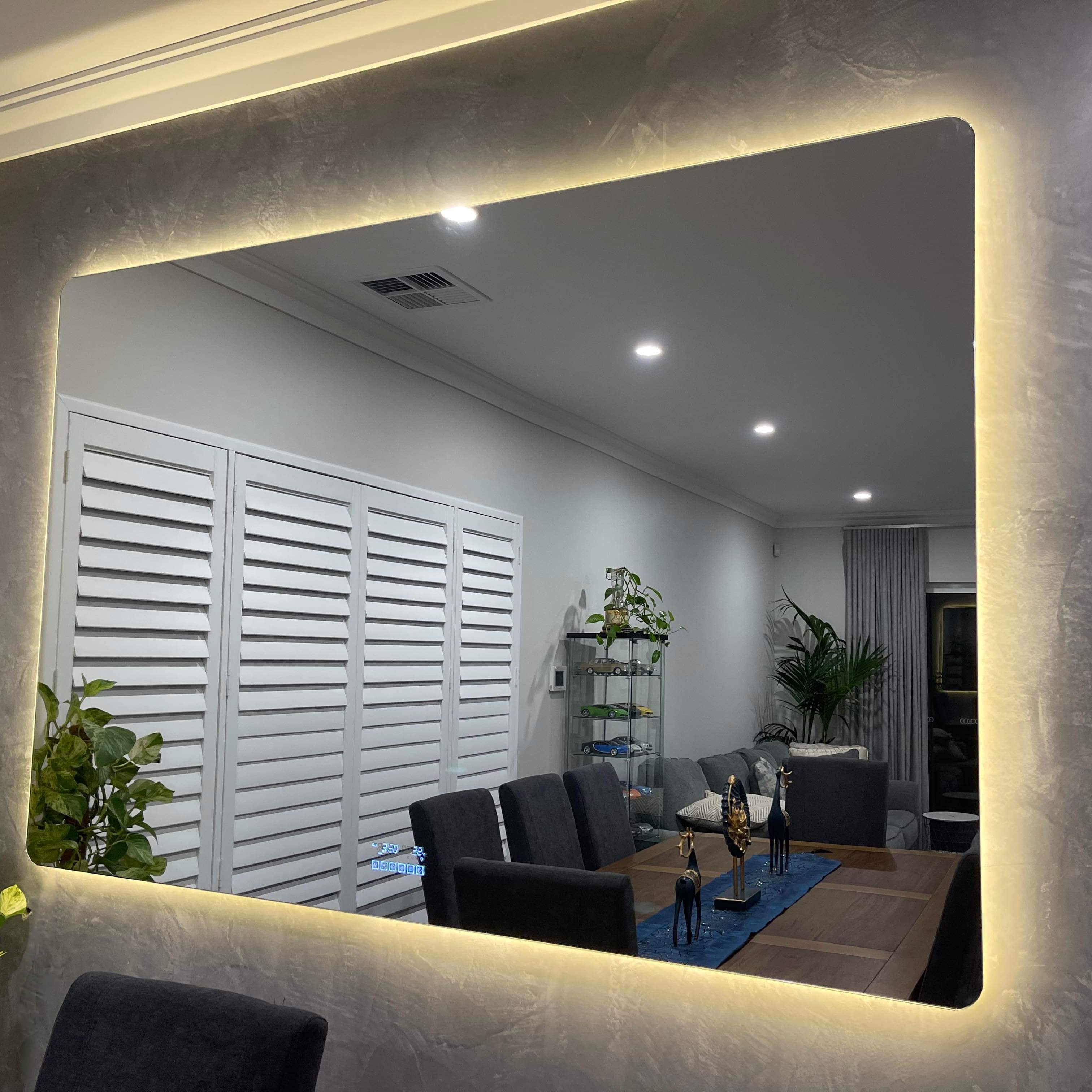 Large Smart Backlit LED Mirror on Warm White Mode in Grey and White Dining Room"