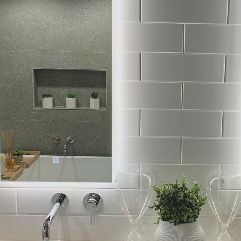 Close-up View from Center Vanity Space to Left LED Mirror