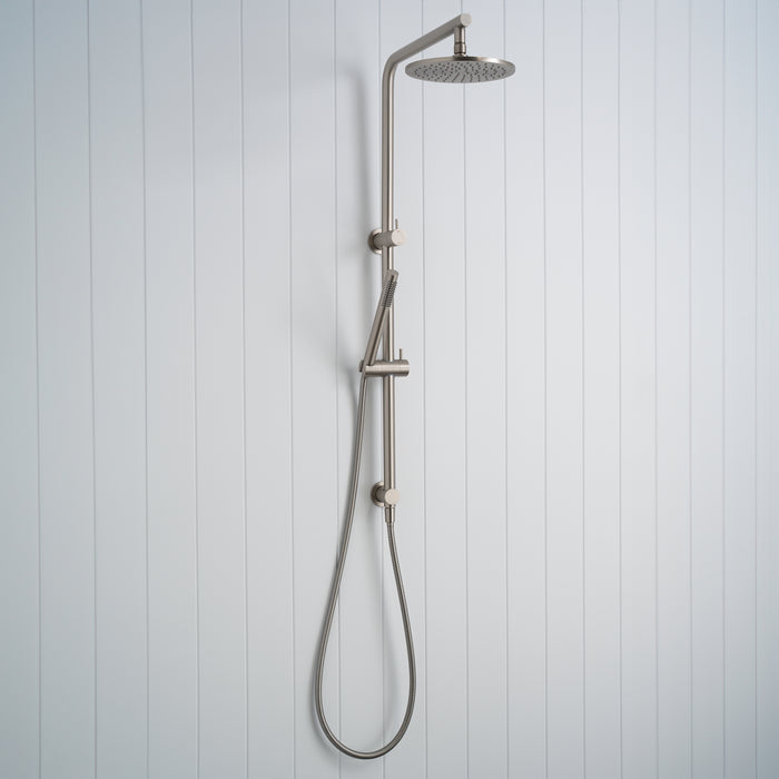 Corsica Dual Shower Head in Brushed Nickel, three-quarter view of the rail, rain head and looped handset hose