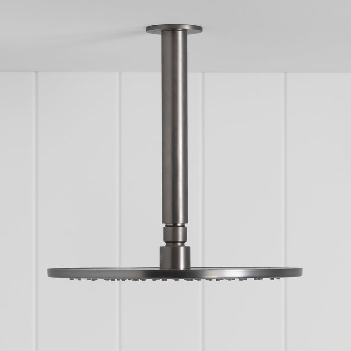 Lyon Ceiling Shower Arm and Head in Brushed Nickel, side profile of the ceiling arm and flat round head