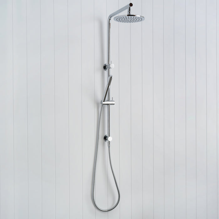 Corsica Dual Shower Head in Chrome, three-quarter view of the rail, rain head and looped handset hose
