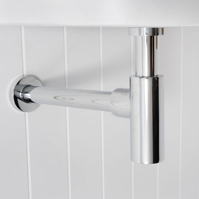 Firenze Basin Bottle Trap in Chrome, side view of the wall pipe and round flange below a white basin