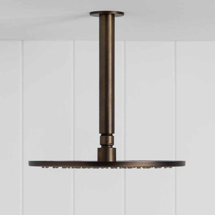 Lyon Ceiling Shower Arm and Head in Antique Brass, side profile of the ceiling arm and flat round head