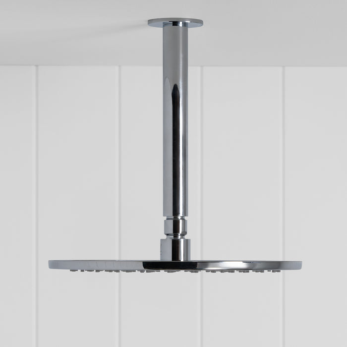 Lyon Ceiling Shower Arm and Head in Chrome, side profile of the ceiling arm and flat round head