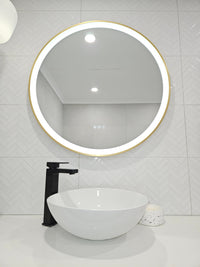 White Tiled Walls and White Sink with 45-Degree Angle Shot of InVogue Smart LED Mirror