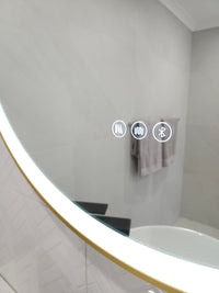 Three Feature Touch Buttons on Circle-Shaped InVogue Smart LED Mirror with Gold Frame