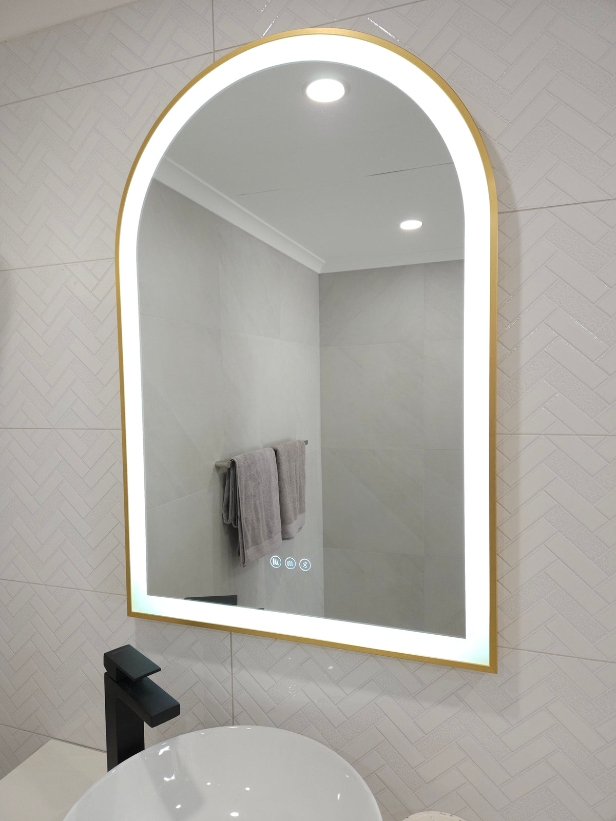 Chic Smart LED Mirror with Gold Frame atop White Sink and Black Faucet
