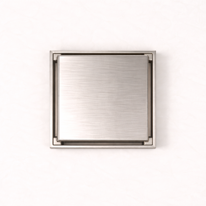 Granada Tile Insert Floor Waste in Brushed Nickel, top-down view of the square brushed cover on a plain white background