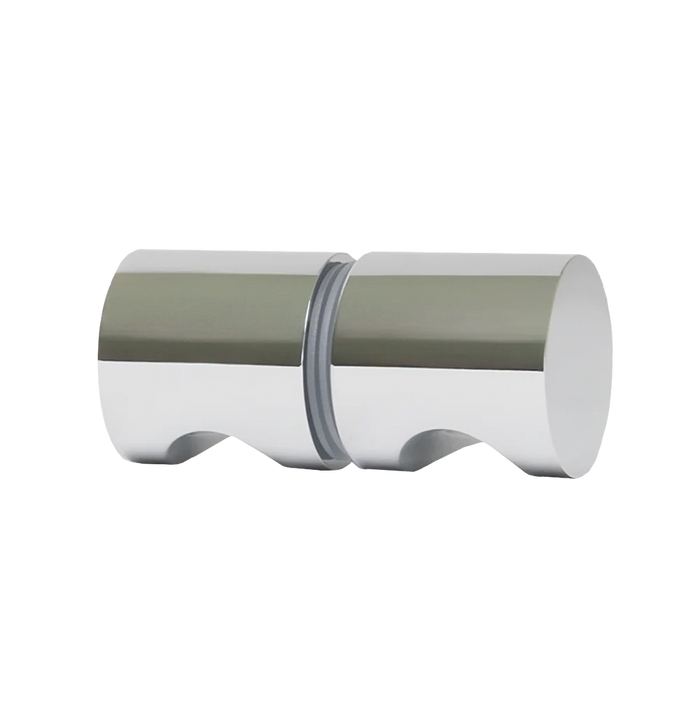Corfu Shower Door Handle in Chrome, side view of the back-to-back cylindrical knob pair with a grey washer
