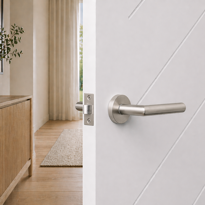 Santorini Door Handle in Brushed Nickel, lever handle and latch on the edge of an open white grooved door