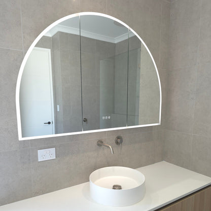 Exterior view of frameless LED mirror cabinet with demister