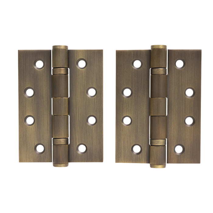 Venezia Door Butt Hinge in Antique Brass, pair of hinges laid flat, front view showing the knuckles and screw holes