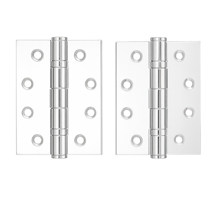 Venezia Door Butt Hinge in Chrome, pair of hinges laid flat, front view showing the knuckles and screw holes