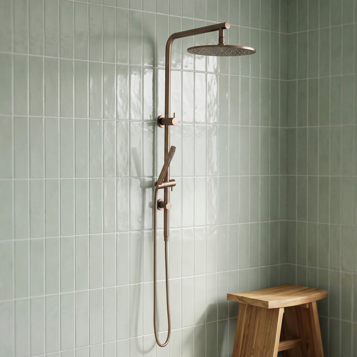 Corsica Dual Shower Head in Antique Brass in a shower
