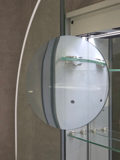 Inside view of frameless LED mirror cabinet with internal magnifier