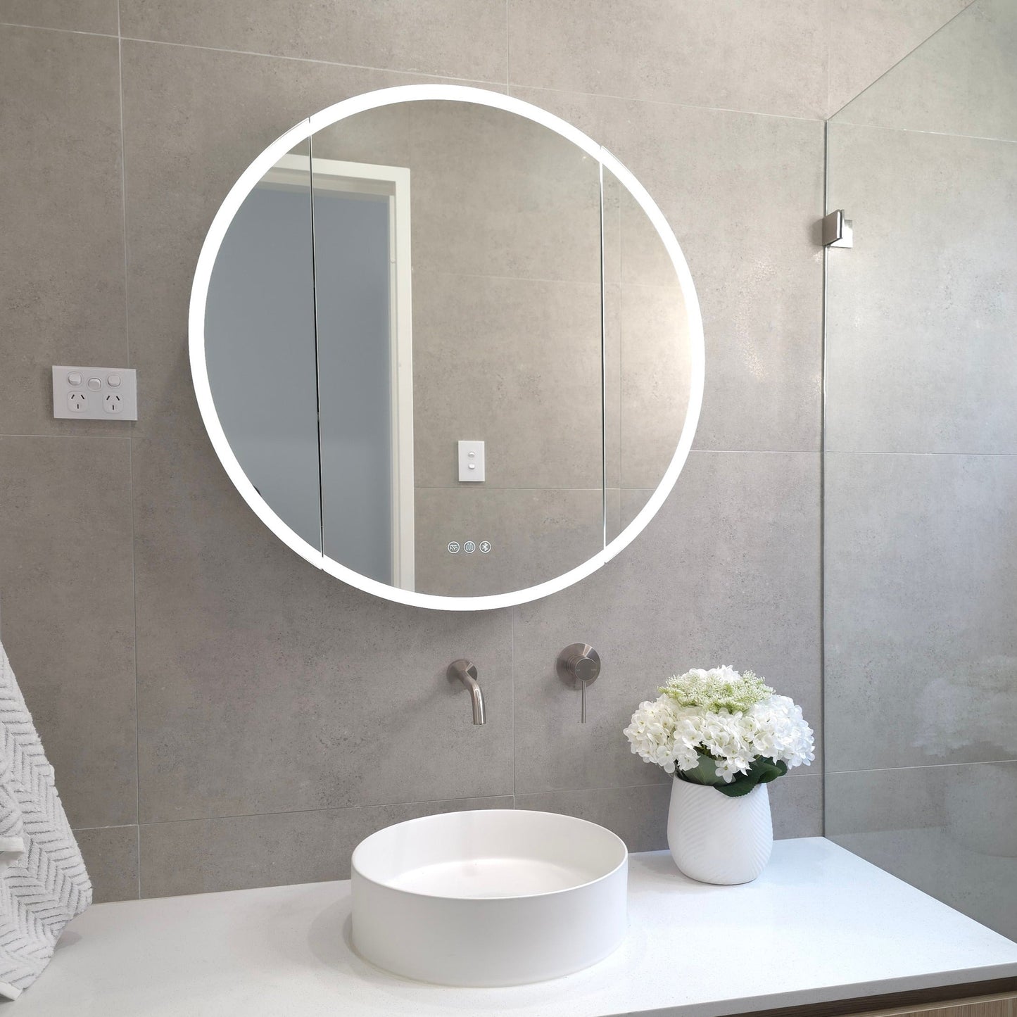 Frameless bathroom mirror cabinet with adjustable internal shelves