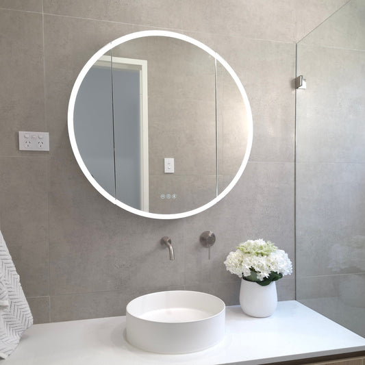 Frameless bathroom mirror cabinet with adjustable internal shelves