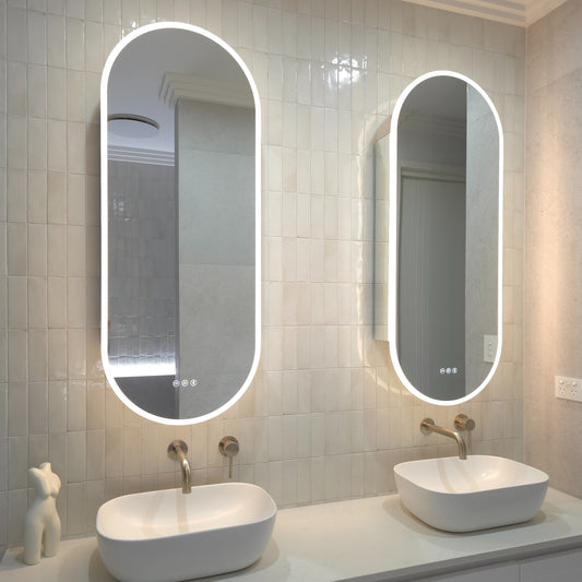 Frameless oval LED mirror cabinet with internal storage and adjustable shelves