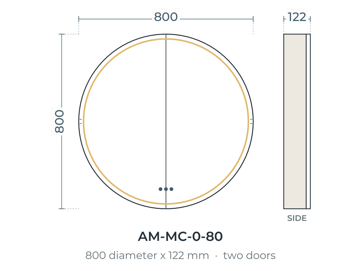 Amalfi mirror cabinet dimensions, 800 mm diameter x 122 mm deep