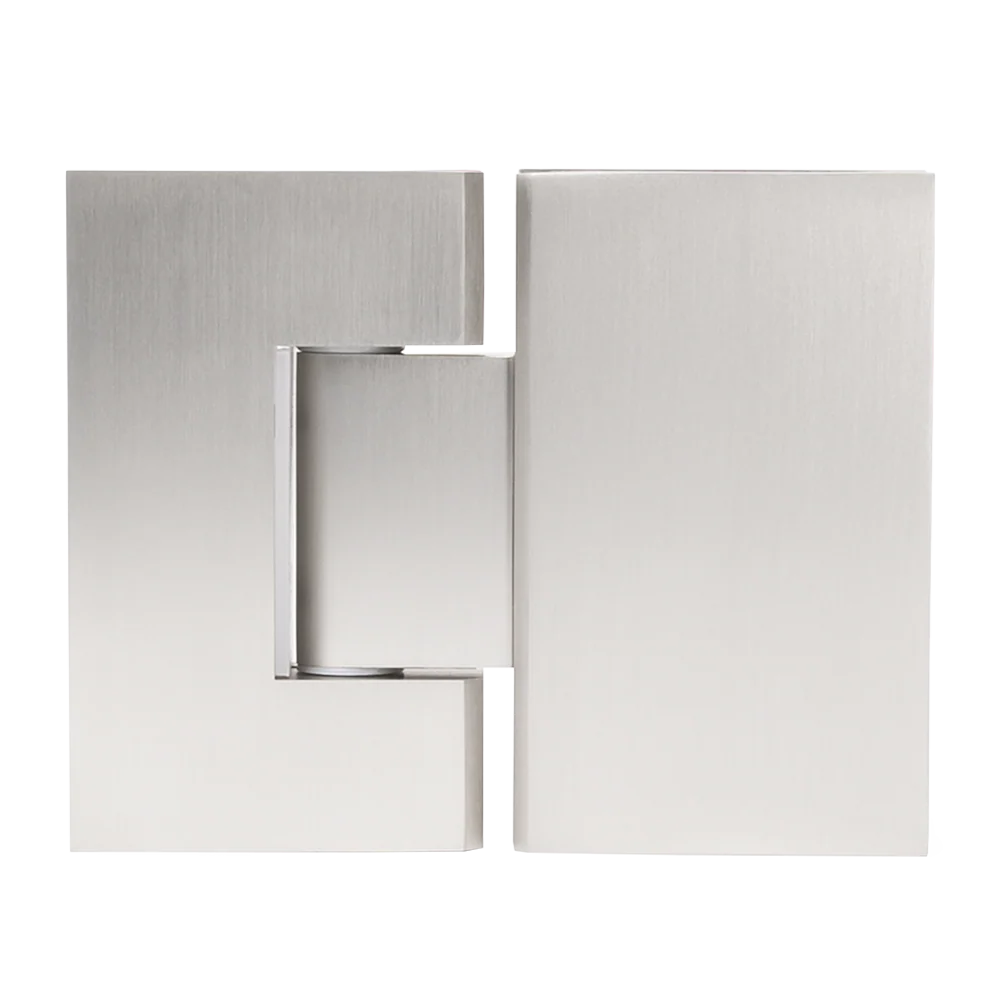 Geneva Shower Hinge Glass to Glass in Brushed Nickel, cut-out front view of both hinge leaves on a plain background