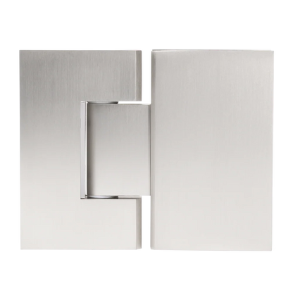 Geneva Shower Hinge Glass to Glass in Brushed Nickel, cut-out front view of both hinge leaves on a plain background