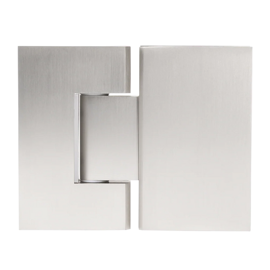 Geneva Shower Hinge Glass to Glass in Brushed Nickel, cut-out front view of both hinge leaves on a plain background