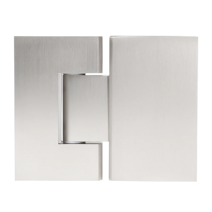 Geneva Shower Hinge Glass to Glass in Brushed Nickel, cut-out front view of both hinge leaves on a plain background