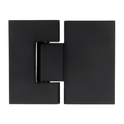Geneva Shower Hinge Glass to Glass in Matte Black, cut-out front view of both hinge leaves on a plain background