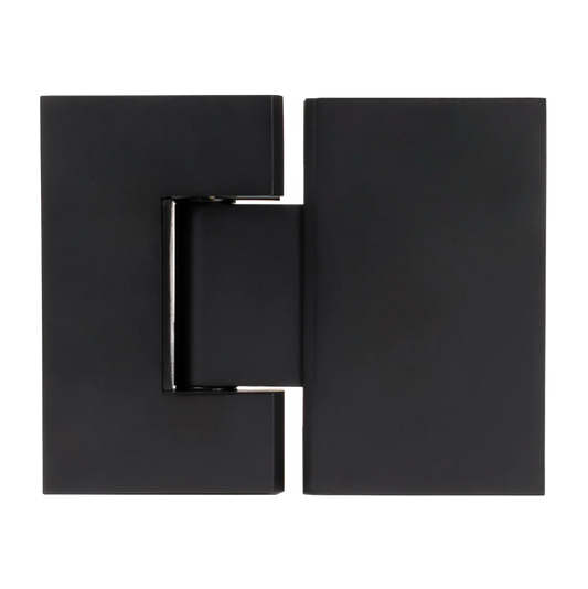 Geneva Shower Hinge Glass to Glass in Matte Black, cut-out front view of both hinge leaves on a plain background