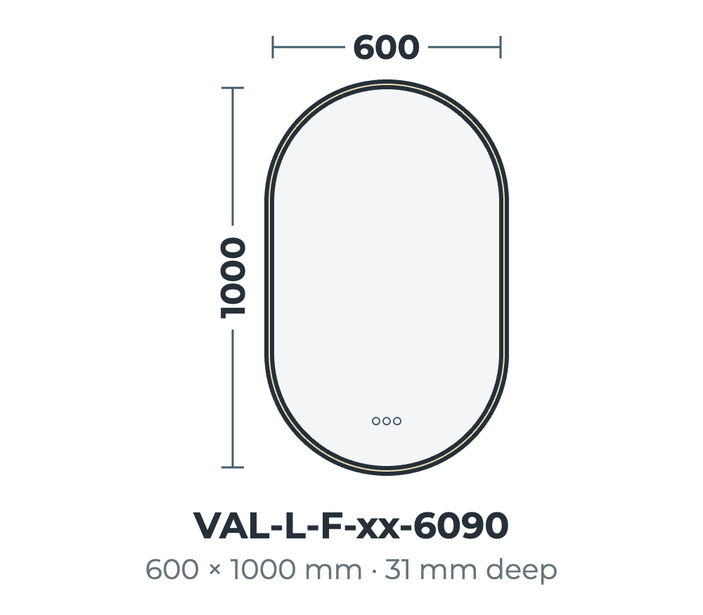Valencia framed LED mirror dimensions, 600 x 1000 mm