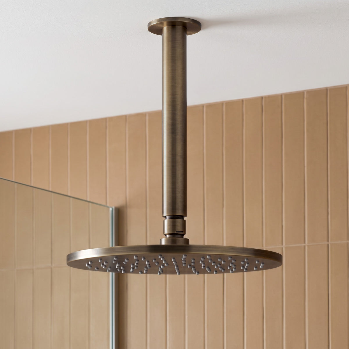 Lyon Ceiling Shower Arm and Head in Antique Brass in a shower