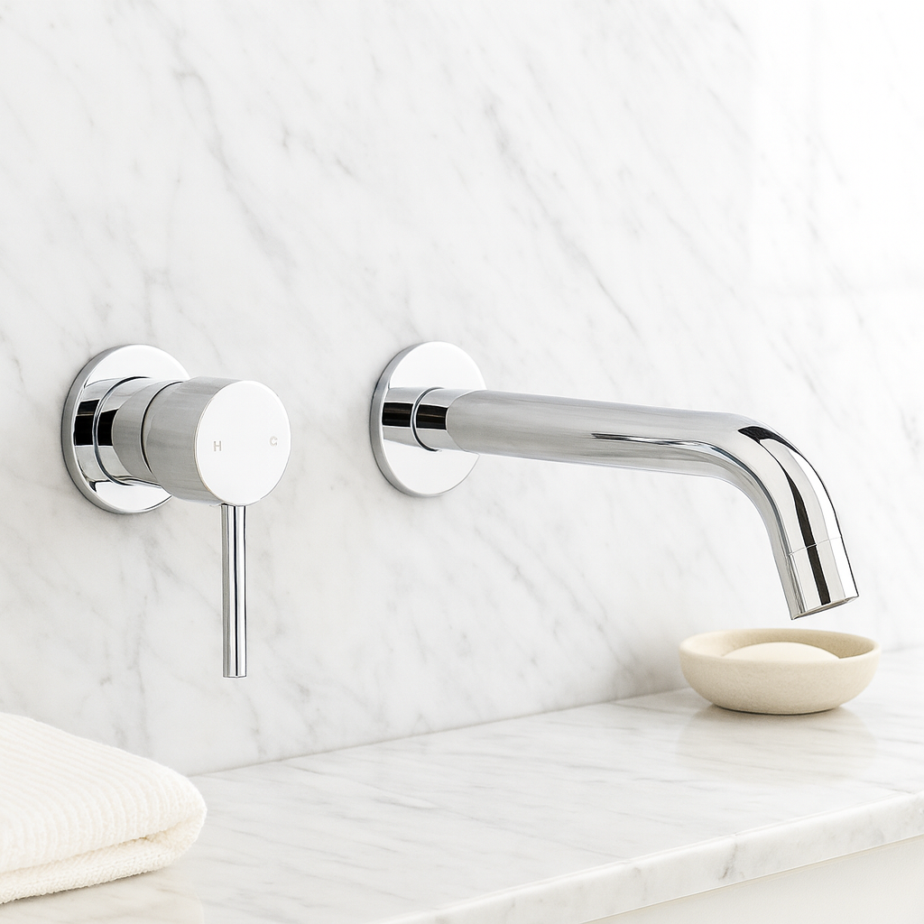 Milano Wall Spout Plus Wall Mixer in Chrome, mixer and long spout on white marble wall above a marble ledge with soap dish