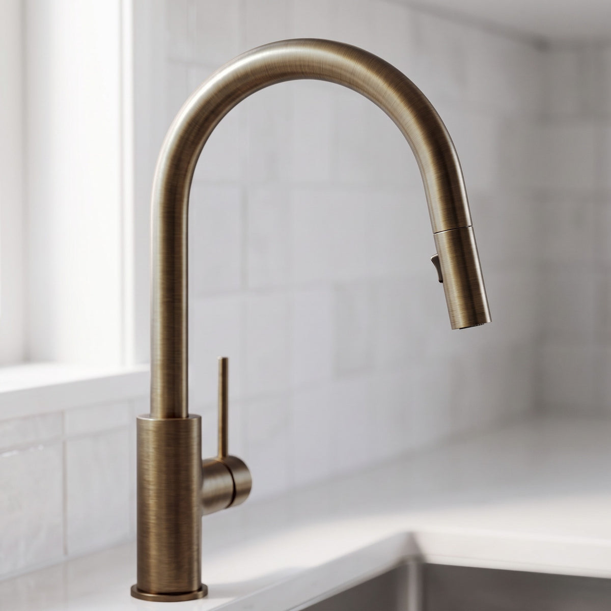 Close-up of the Porto Pull-Out Kitchen Mixer in Antique Brass