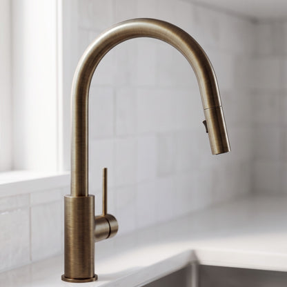 Close-up of the Porto Pull-Out Kitchen Mixer in Antique Brass