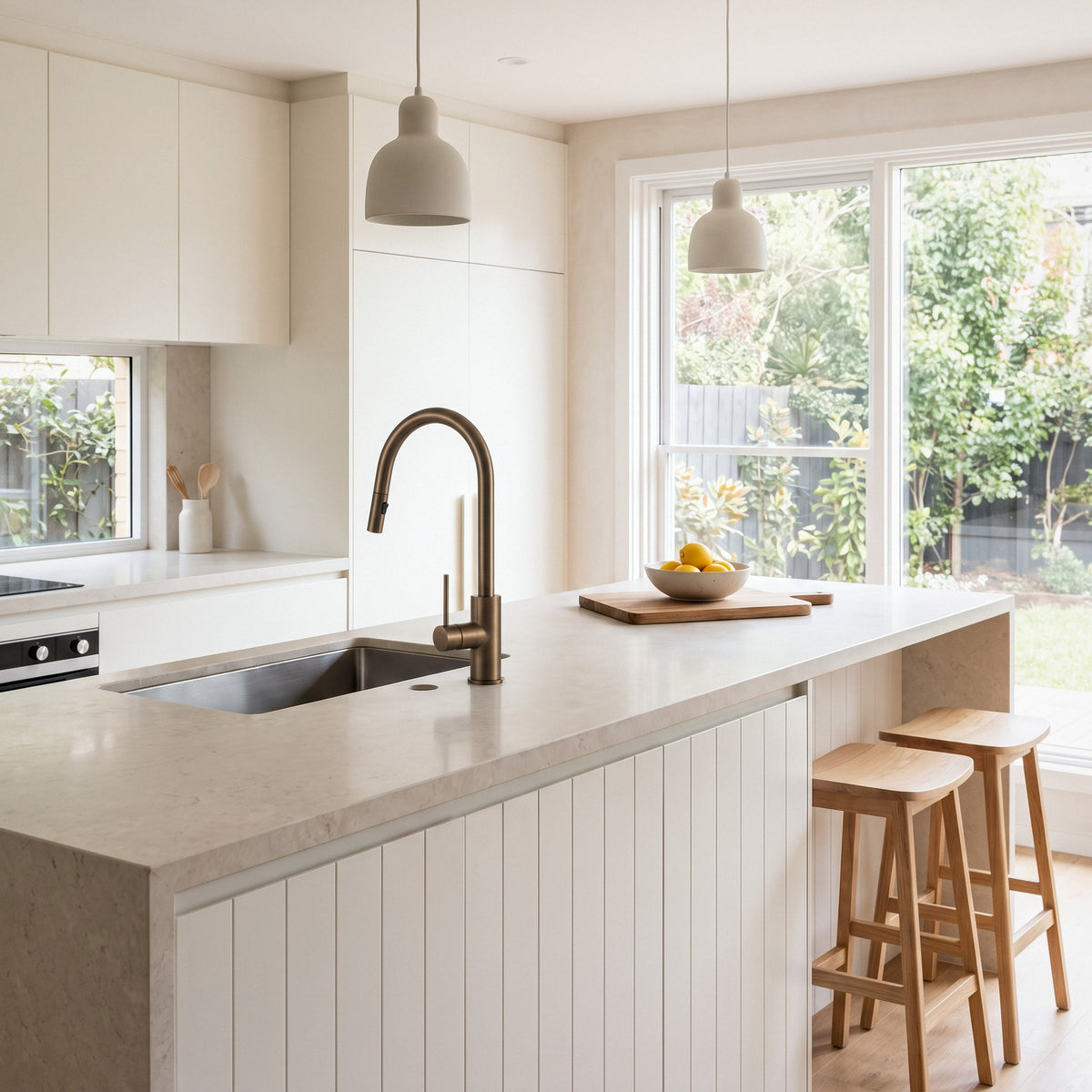 Porto Pull-Out Kitchen Mixer in Antique Brass in a kitchen