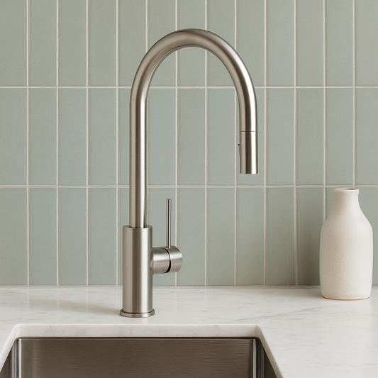 Porto Pull-Out Kitchen Mixer in Brushed Nickel, at an undermount sink in front of sage-green vertical tiles with a white vase